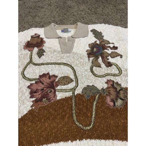 Vintage Womens 80s Polo Sweater Applique Floral Grandma Retro Artsy Boho READ L - Picture 6 of 12